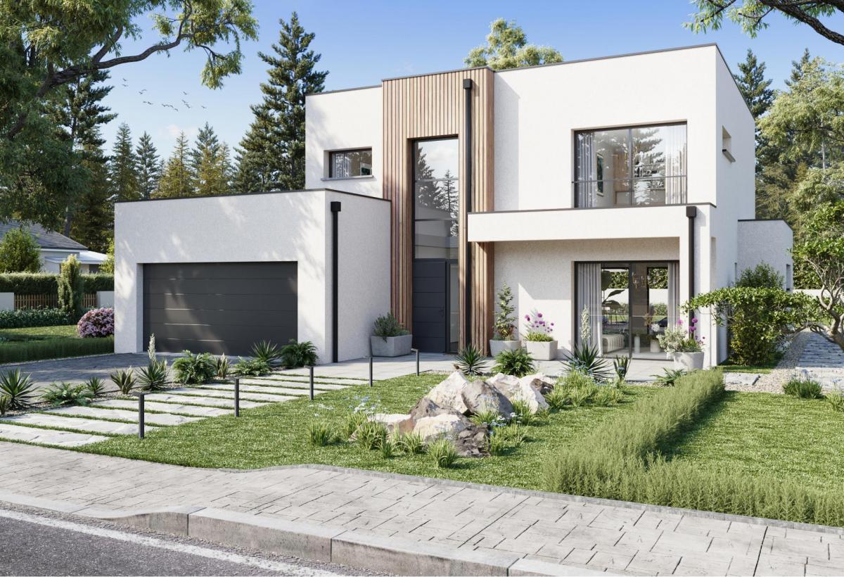 Plan de maison r+1 de 183 m², 6 pièces, 4 chambres, 2 salles de bain, et avec garage.