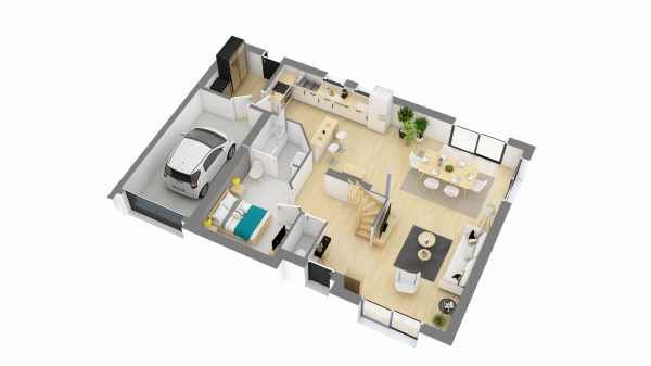 Autre vue intérieure 3D RDC  maison individuelle contemporaine à étage combles - 4 chambres et un garage - FH53
