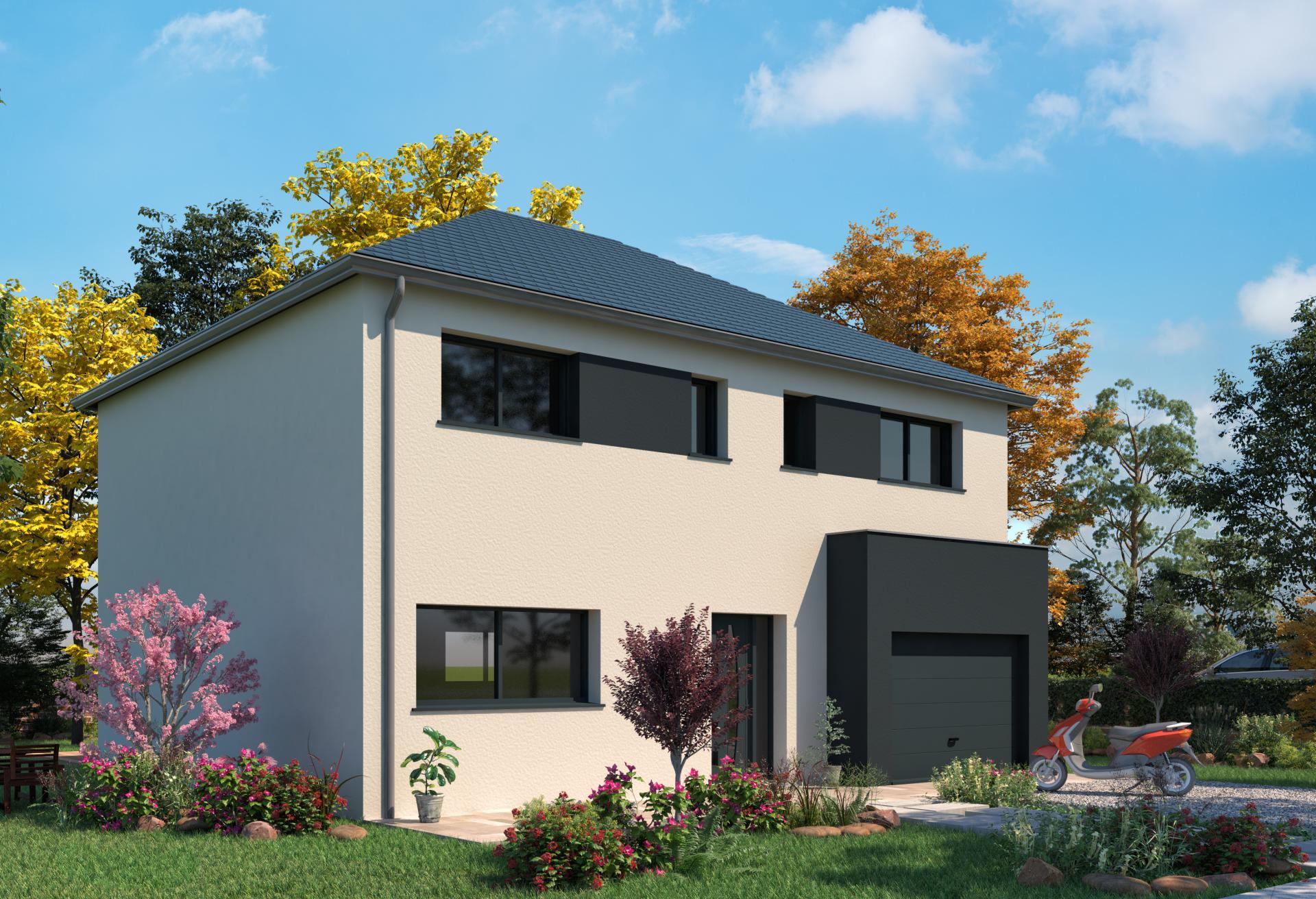 Plan de maison r+1 de 128 m², 5 pièces, 4 chambres, 2 salles de bain, et avec garage.