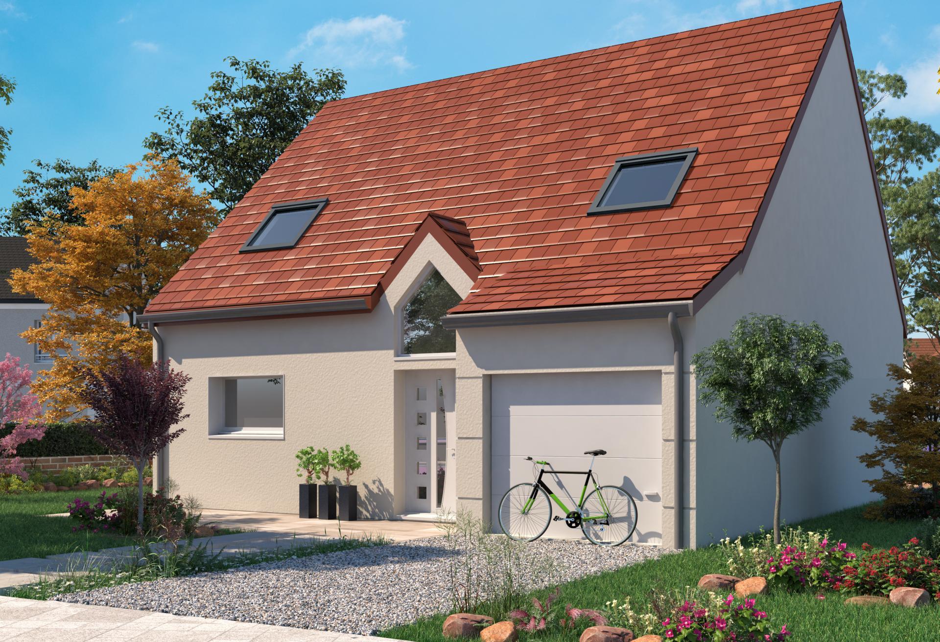 Plan de maison à étage de 114 m², 5 pièces, 3 chambres, 1 salle de bain, et avec garage.