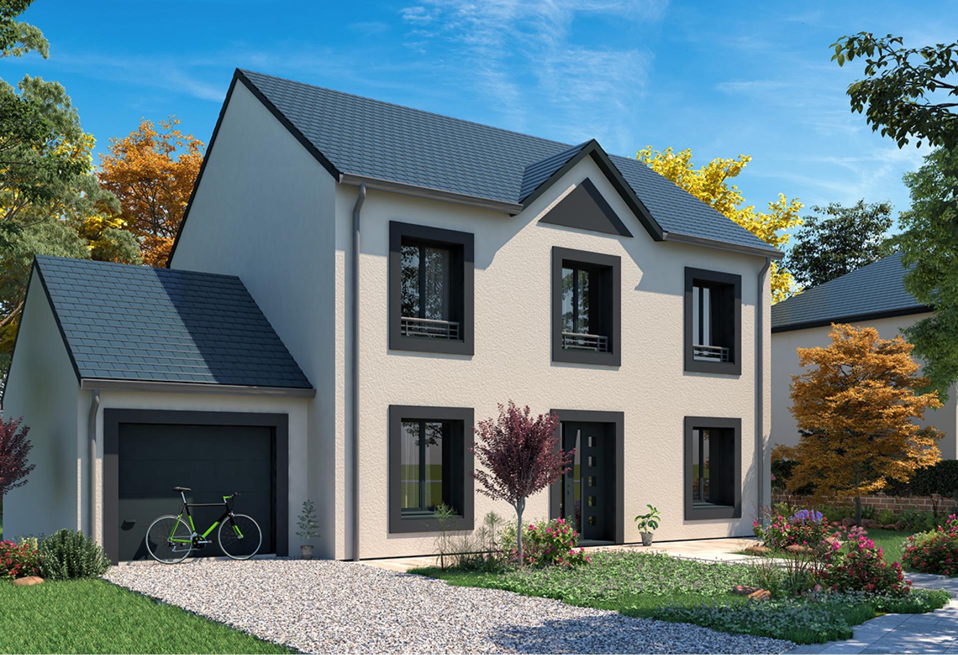 Plan de maison r+1 de 123 m², 6 pièces, 5 chambres, 1 salle de bain, et avec garage.