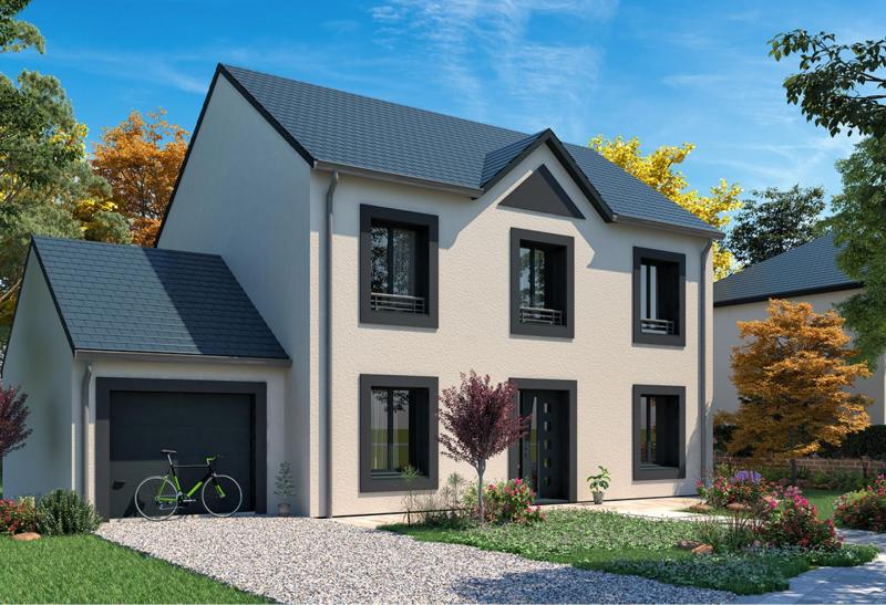 Plan de maison r+1 de 123 m², 6 pièces, 5 chambres, 1 salle de bain, et avec garage.