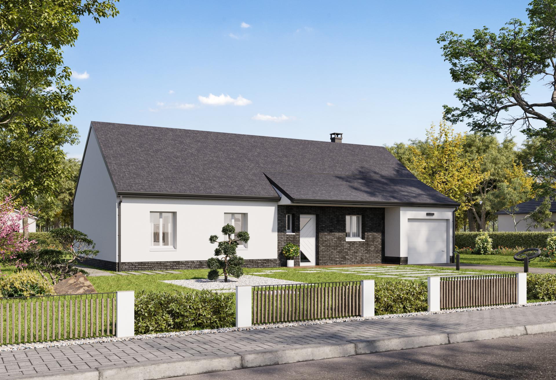 Plan de maison plain-pied de 96 m², 5 pièces, 4 chambres, 1 salle de bain, et avec garage.