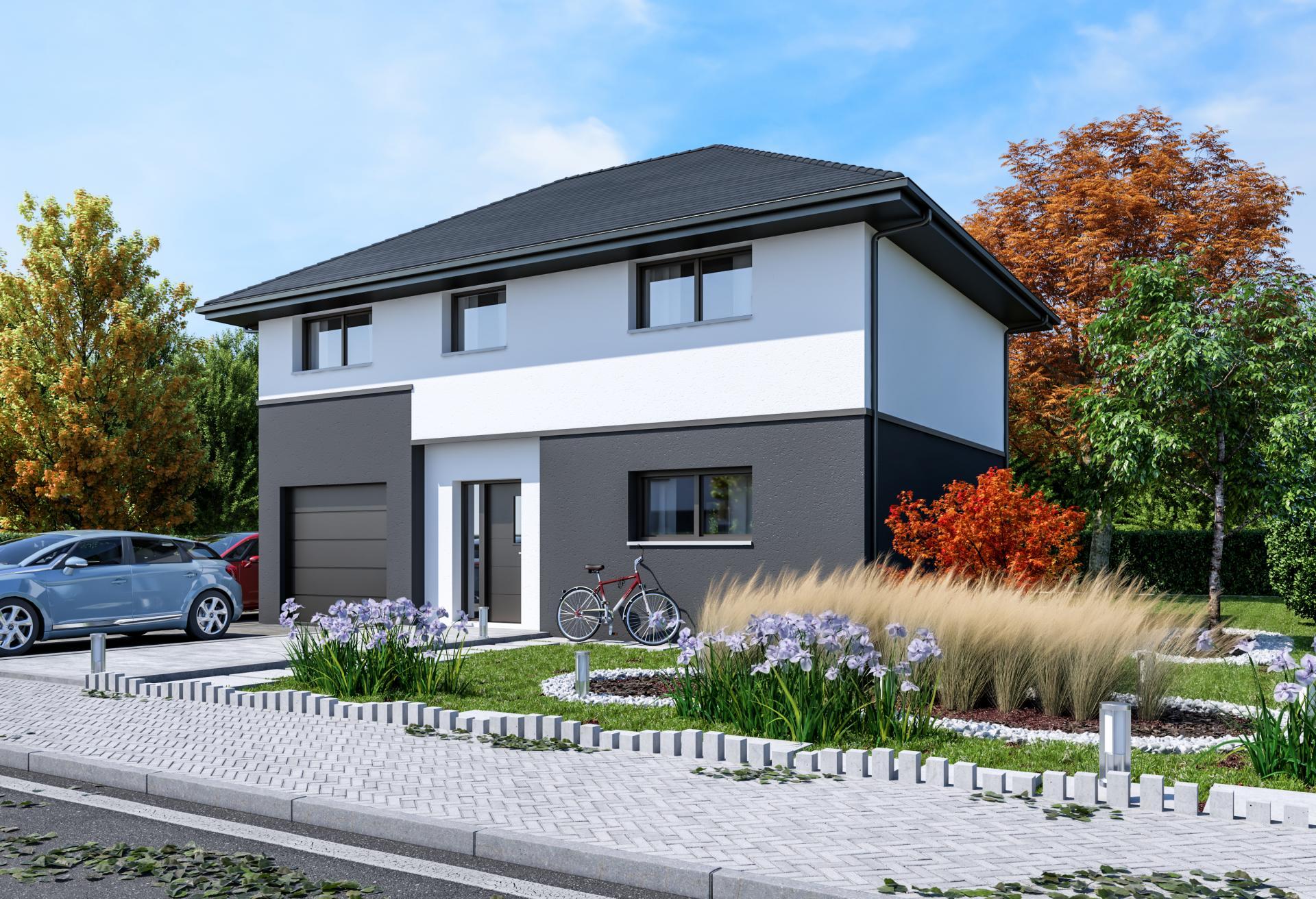 Plan de maison r+1 de 111 m², 5 pièces, 4 chambres, 1 salle de bain, et avec garage.