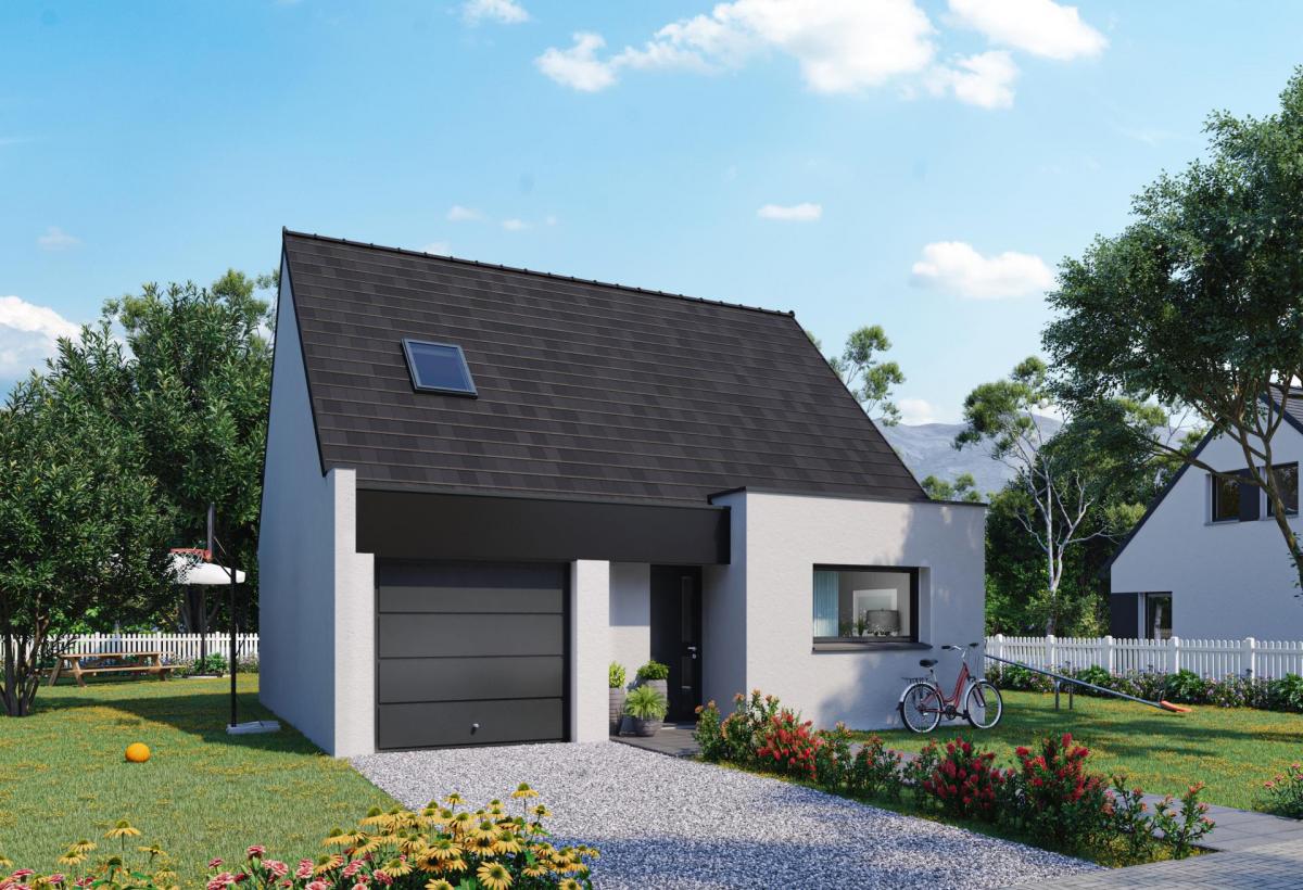 Plan de maison à étage de 85 m², 4 pièces, 3 chambres, 1 salle de bain, et avec garage.