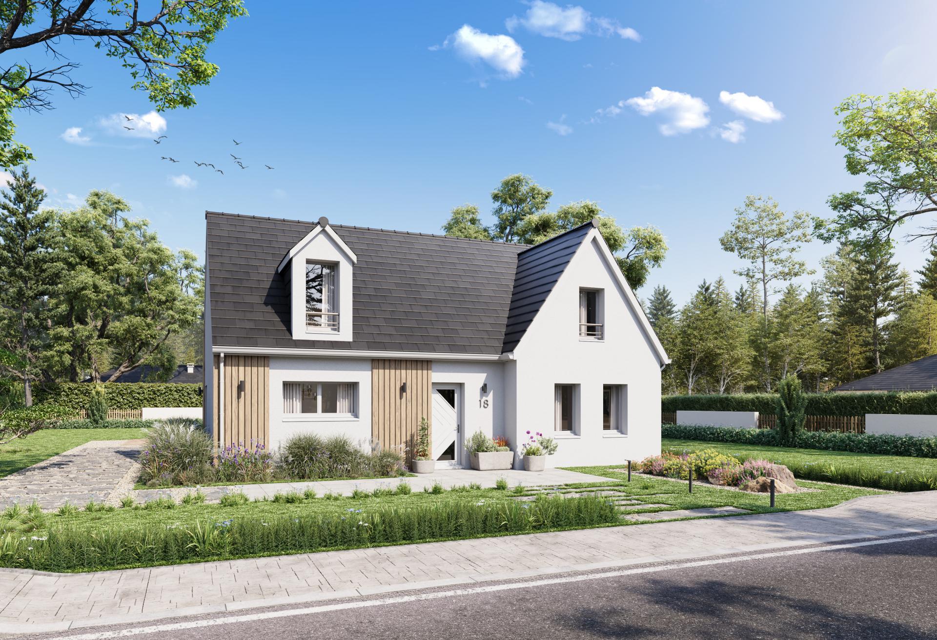 Plan de maison à étage de 109 m², 4 pièces, 3 chambres, 2 salles de bain.