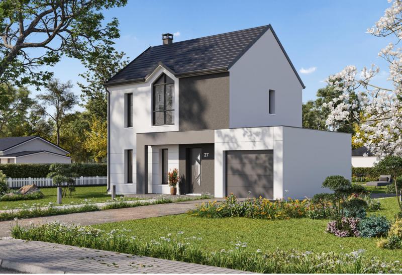 Plan de maison r+1 de 86 m², 4 pièces, 3 chambres, 1 salle de bain, et avec garage.