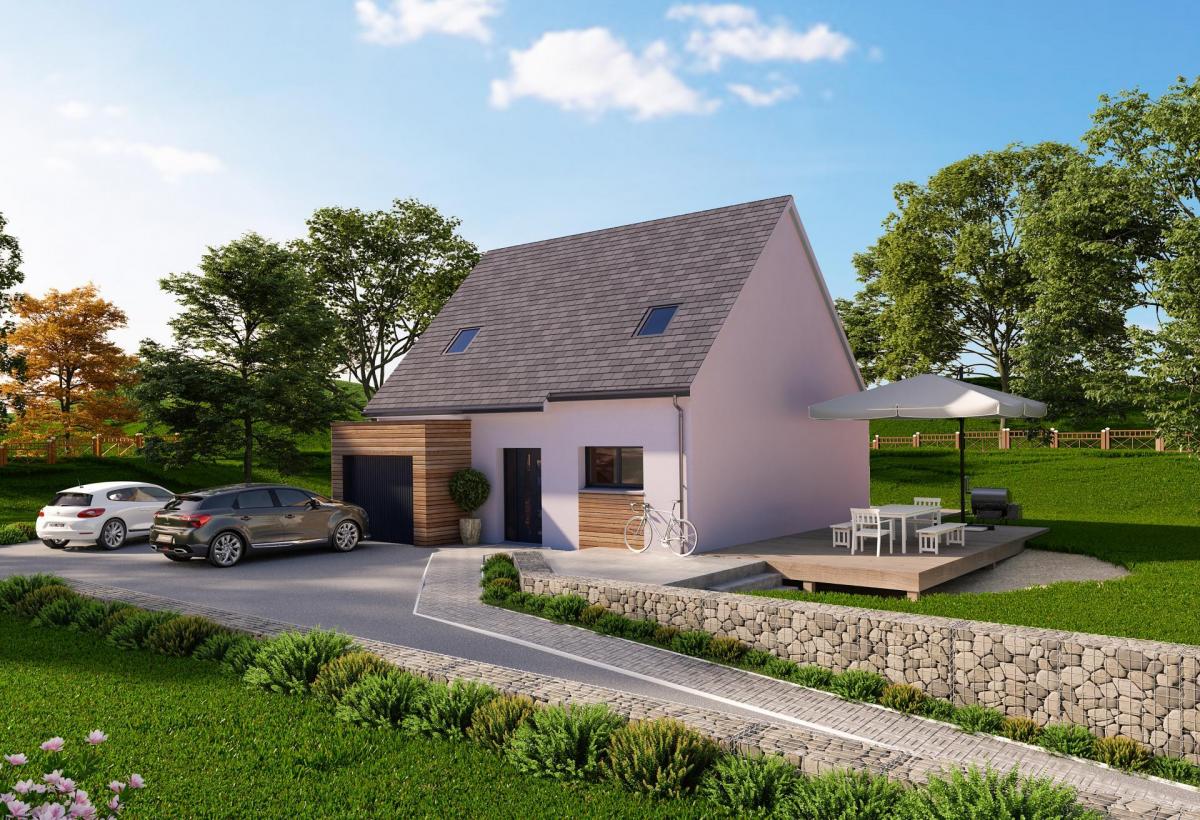 Plan de maison à étage de 84 m², 4 pièces, 3 chambres, 1 salle de bain, et avec garage.