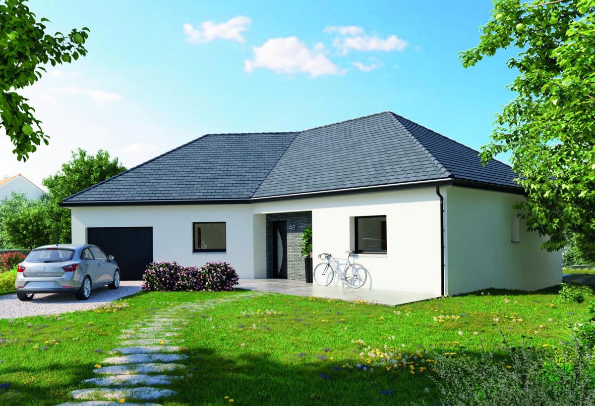 Plan de maison plain-pied de 106 m², 4 pièces, 3 chambres, 1 salle de bain, et avec garage.