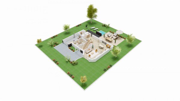 Vue de dessus 3D plan intérieur RDC maison individuelle contemporaine à étage combles  3 chambres et un bureau avec garage - FH66