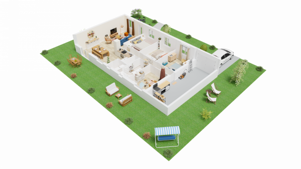Vue dessus maison individuelle de plain pied _ 4 chambres et garage _ FH105