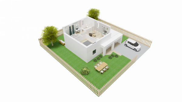 Vue du dessus étage maison individuelle cubique à étage R+1 - 3 chambres et bureau - FH27B
