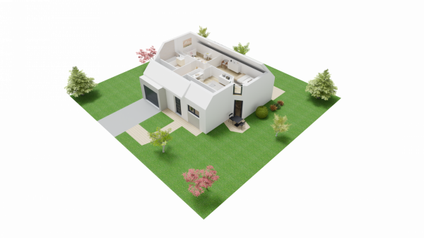 Vue du dessus plan intérieur étage maison individuelle contemporaine à étage avec combles - 3 chambres et garage FH38B