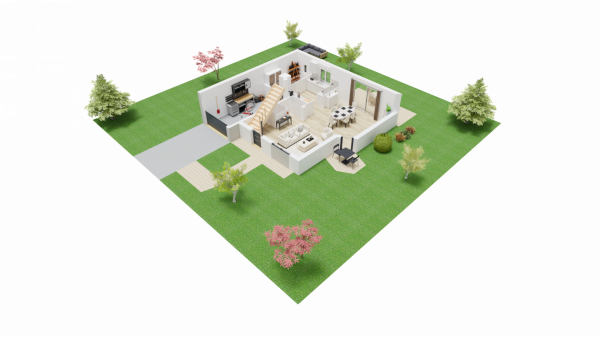 Vue du dessus plan intérieur RDC maison individuelle contemporaine à étage avec combles - 3 chambres et garage FH38B
