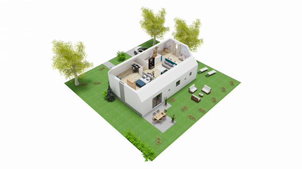 Vue intérieure 3D étage maison individuelle contemporaine  à étage combles - 3 chambres et 1 bureau avec garage - FH95