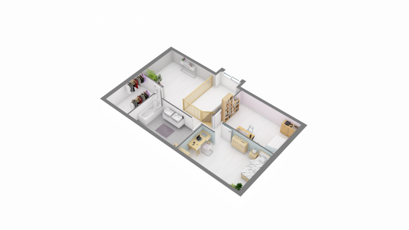 Vue intérieure 3D étage maison individuelle contemporaine à étage combles _ 3 chambres et 2 salles de bains _ FH74B