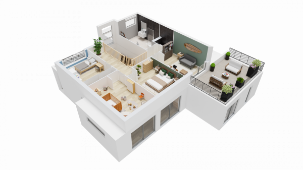 Vue interieure 3D etage maison individuelle sur mesure a etage R+1 a etage ART HOME 10 Groupe BDL