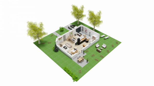 Vue intérieure 3D RDC maison individuelle contemporaine  à étage combles - 3 chambres et 1 bureau avec garage - FH95