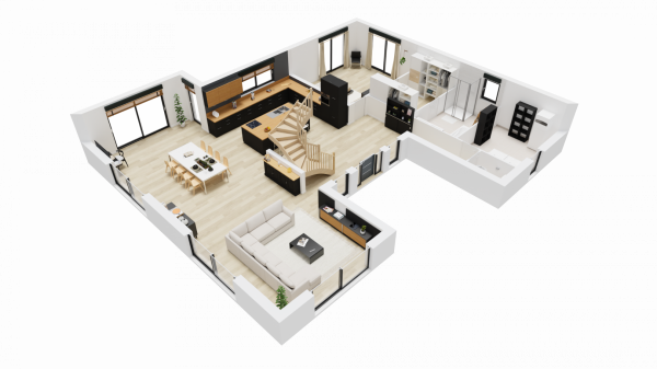 Vue interieure 3D rez de chaussee maison individuelle a etage R+1 sur mesure haut de gamme ART HOME 11 Groupe BDL