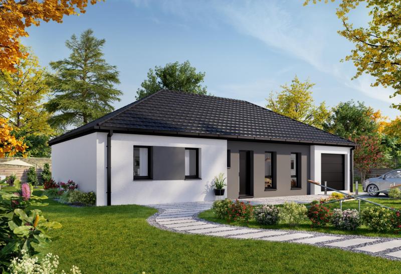 Plan de maison plain-pied de 90 m², 4 pièces, 3 chambres, 1 salle de bain, et avec garage.