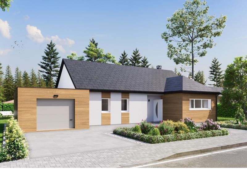 Plan de maison plain-pied de 104 m², 5 pièces, 4 chambres, 1 salle de bain, et avec garage.