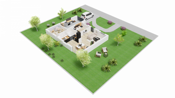 Vue interieure 3D maison individuelle de plain pied - FAMILY HOME 101 - Groupe BDL