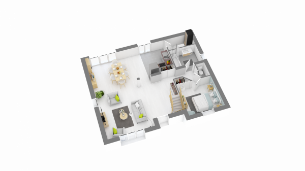 Vue intérieure 3D RDCmaison individuelle contemporaine à étage combles _ 4 chambres et 2 salles de bains _ FH46