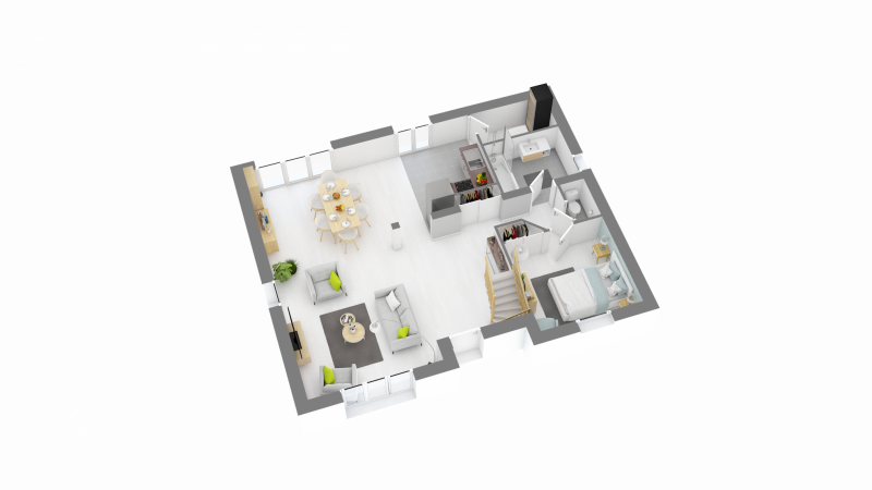 Vue intérieure 3D RDCmaison individuelle contemporaine à étage combles _ 4 chambres et 2 salles de bains _ FH46
