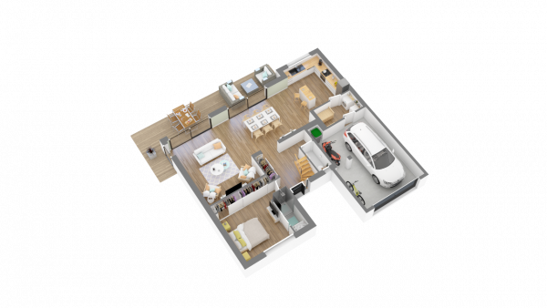 Vue interieure 3D rez de chaussee maison individuelle a etage R+1 - FAMILY HOME 145 - Groupe BDL