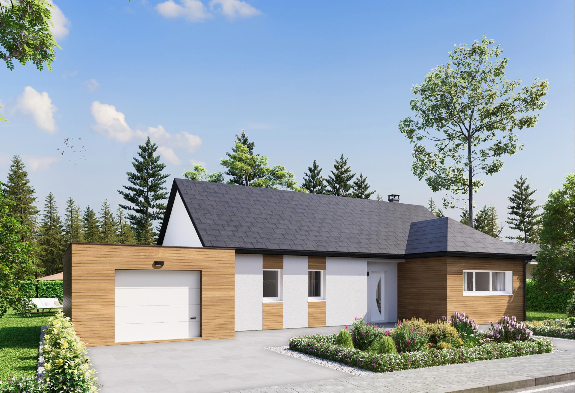 Plan de maison plain-pied de 104 m², 5 pièces, 4 chambres, 1 salle de bain, et avec garage.