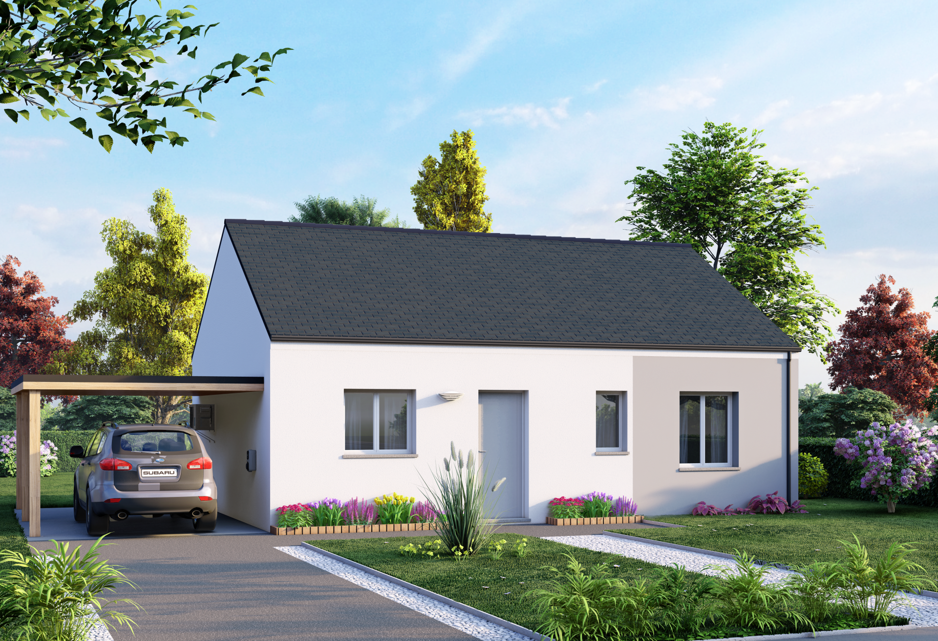 Plan de maison plain-pied de 63 m², 3 pièces, 2 chambres, 1 salle de bain.