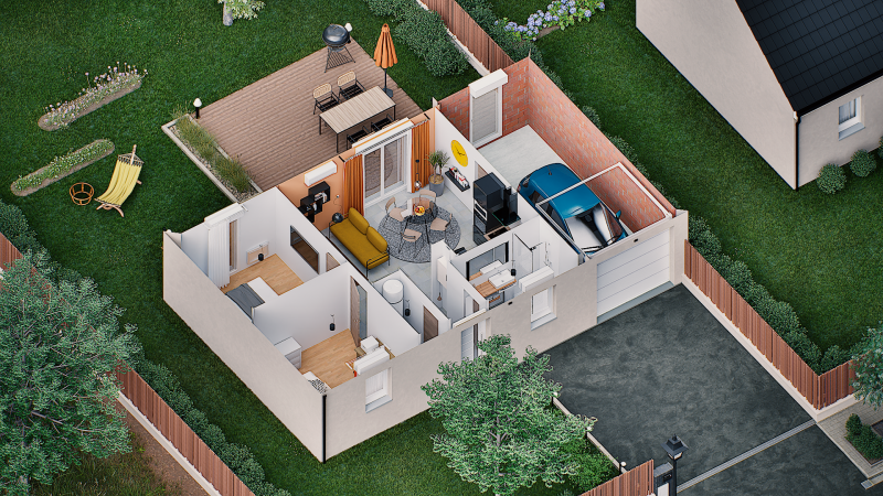 Autre Vue dessus 3D interieure maison individuelle de plain pied évolutive FLEX HOME 1 Groupe BDL