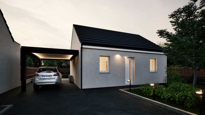 Autre vue facade avant de nuit maison individuelle de plain pied évolutive FLEX HOME 7 (PMR 1 chambre + bureau) Groupe BDL
