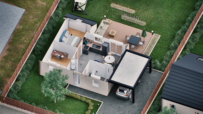 Autre vue interieure 3D  maison individuelle de plain pied évolutive FLEX HOME 4 (PMR 2 chambres) Groupe BDL