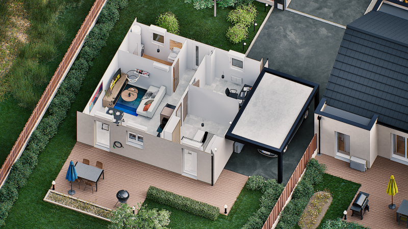Autre vue interieure 3D maison individuelle de plain pied évolutive FLEX HOME 7 (PMR 1 chambre + bureau) Groupe BDL