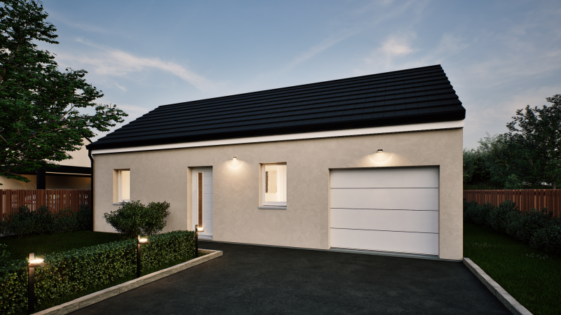 Facade avant ambiance nuit maison individuelle de plain pied évolutive FLEX HOME 3 Groupe BDL