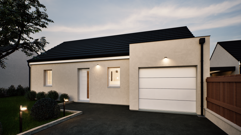 Facade avant de nuit maison individuelle de plain pied évolutive FLEX HOME 2 Groupe BDL