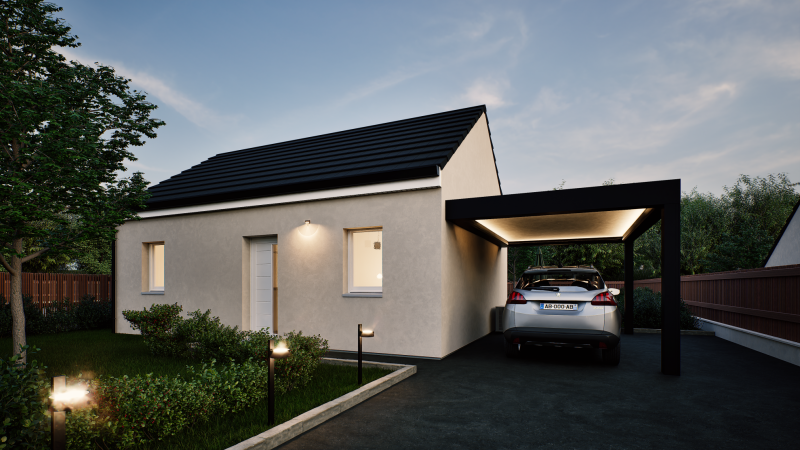 Facade avant de nuit  maison individuelle de plain pied évolutive FLEX HOME 4 (PMR 2 chambres) Groupe BDL