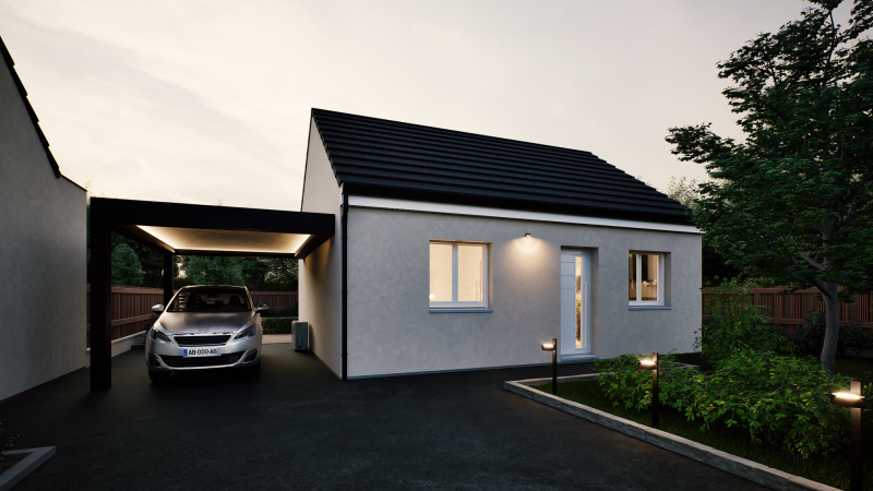 Facade avant de nuit maison individuelle de plain pied évolutive FLEX HOME 5 (PMR 1 chambre) Groupe BDL