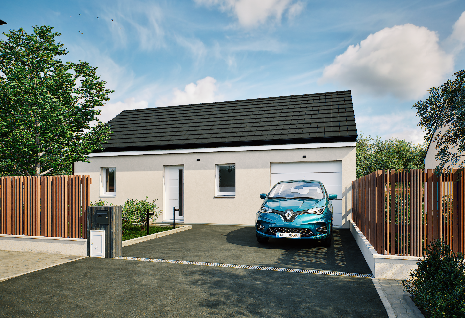 Plan de maison plain-pied de 48 m², 3 pièces, 2 chambres, 1 salle de bain, et avec garage.