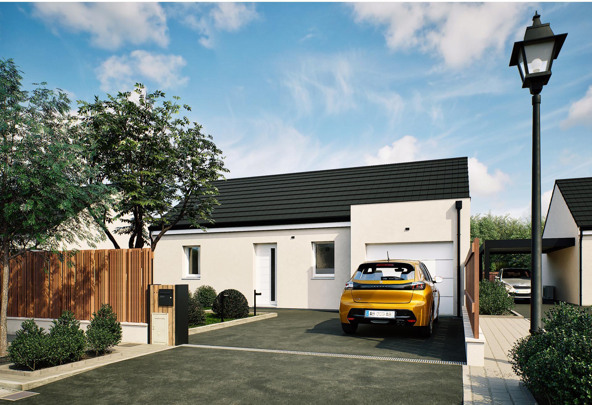 Plan de maison plain-pied de 48 m², 3 pièces, 2 chambres, 1 salle de bain, et avec garage.