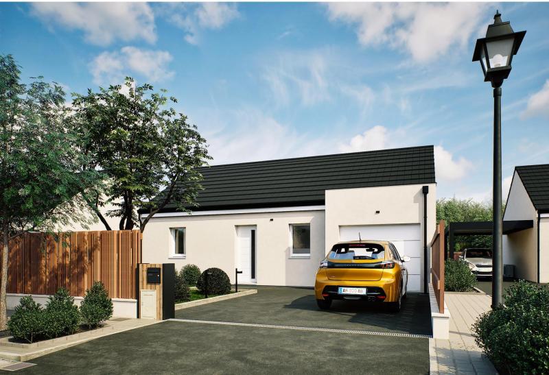 Plan de maison plain-pied de 48 m², 3 pièces, 2 chambres, 1 salle de bain, et avec garage.