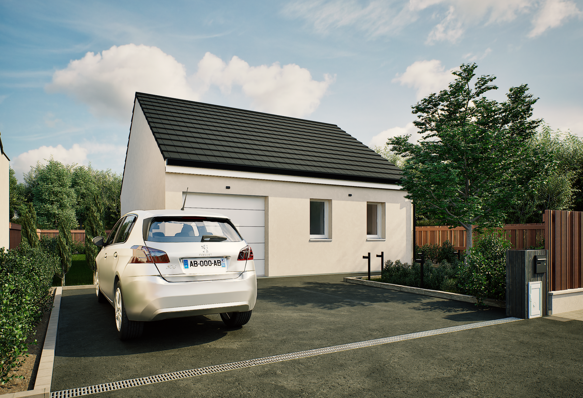 Plan de maison plain-pied de 49 m², 3 pièces, 1 chambre, 1 salle de bain, et avec garage.