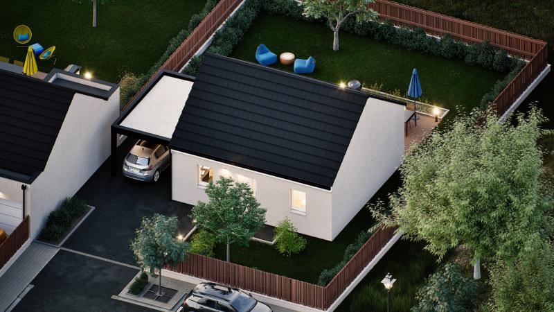 Vue aerienne de nuit maison individuelle de plain pied évolutive FLEX HOME 7 (PMR 1 chambre + bureau) Groupe BDL