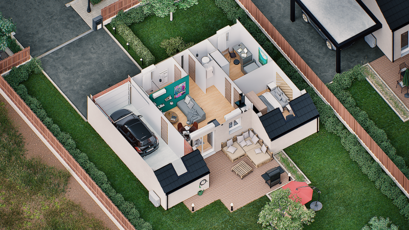 Vue dessus 3D interieur  individuelle de plain pied évolutive FLEX HOME 3 Groupe BDL