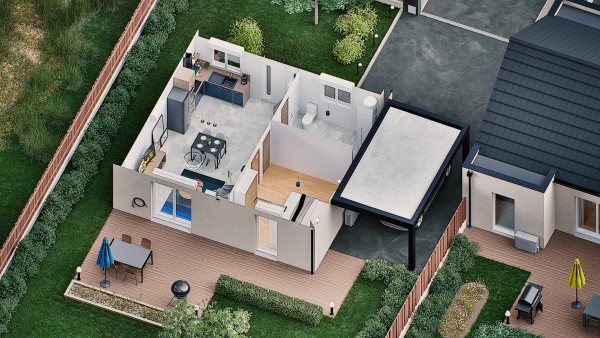 Vue interieure 3D maison individuelle de plain pied évolutive FLEX HOME 5 (PMR 1 chambre) Groupe BDL