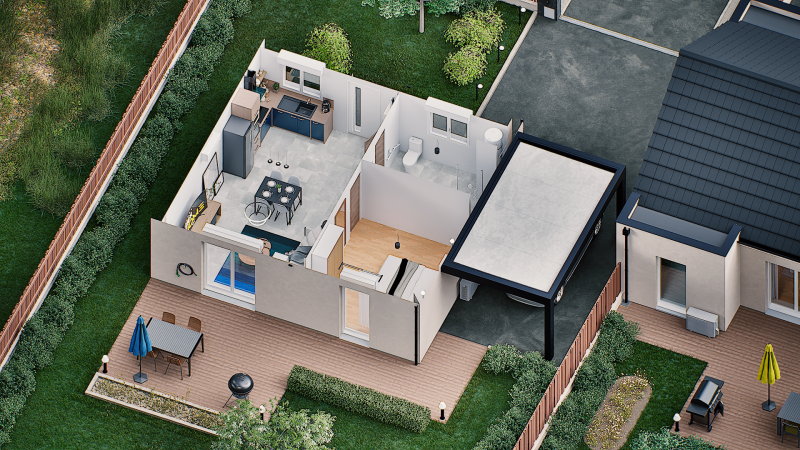 Vue interieure 3D maison individuelle de plain pied évolutive FLEX HOME 5 (PMR 1 chambre) Groupe BDL