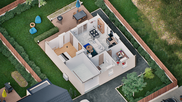 Vue interieure 3D maison individuelle de plain pied évolutive FLEX HOME 6 (PMR 1 chambre + garage) Groupe BDL