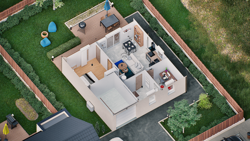Vue interieure 3D maison individuelle de plain pied évolutive FLEX HOME 6 (PMR 1 chambre + garage) Groupe BDL