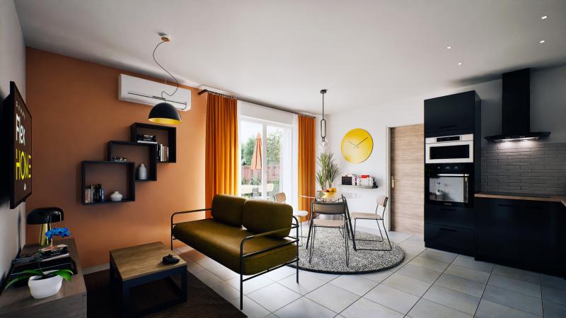 Vue interieure séjour  maison individuelle de plain pied évolutive FLEX HOME 1 Groupe BDL